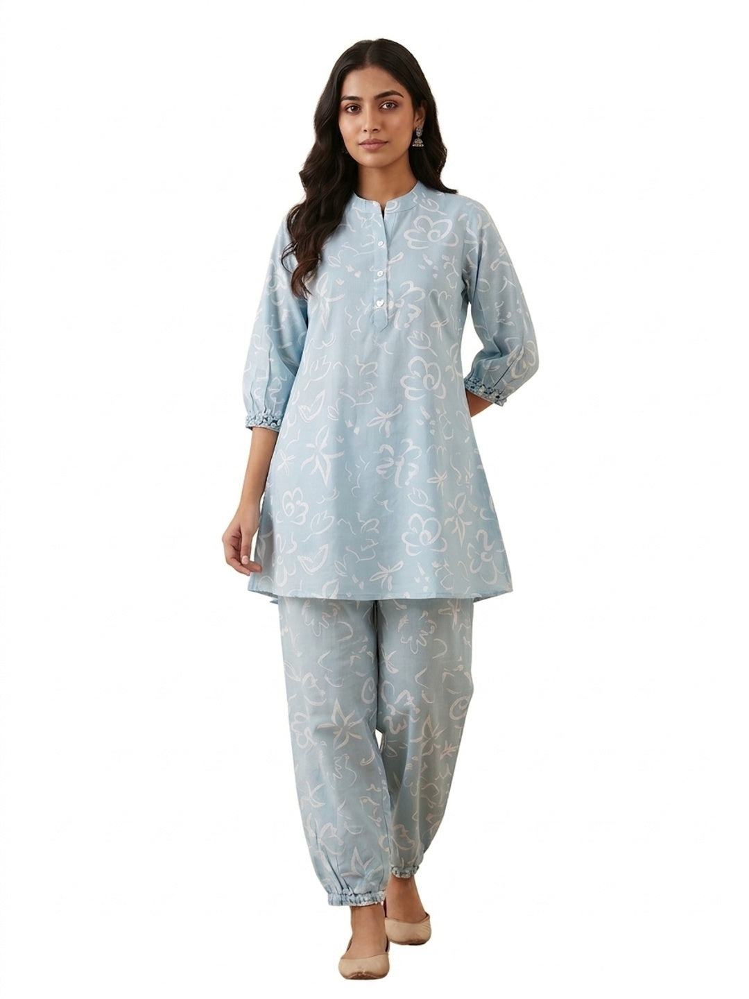 Blue Pure Cotton Floral Printed Top Bottom Set - Image 3