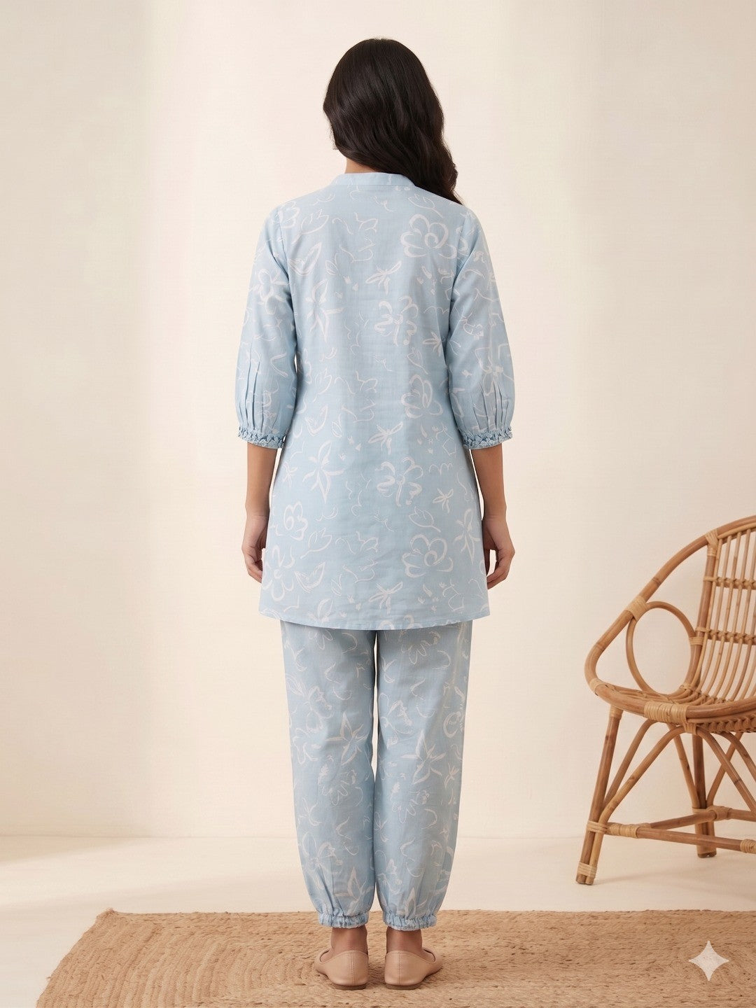 Blue Pure Cotton Floral Printed Top Bottom Set - Image 2
