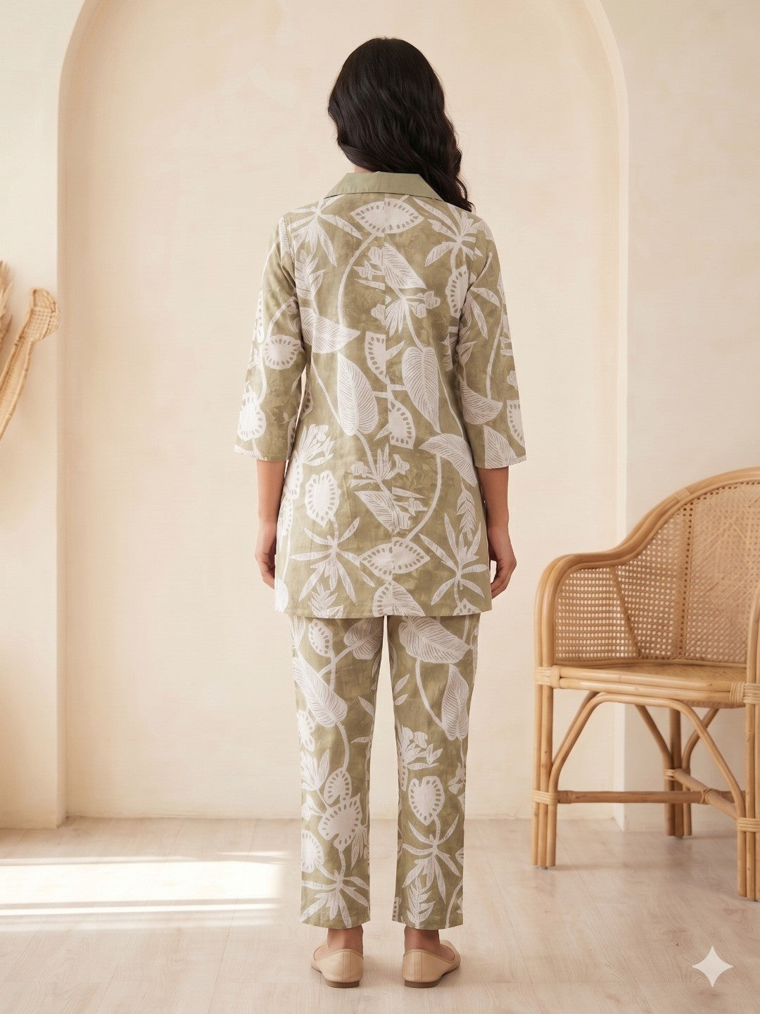 Olive Pure Cotton Botanical Printed Top Bottom Set - Image 2