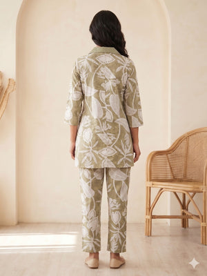 Olive Pure Cotton Botanical Printed Top Bottom Set - Image 2