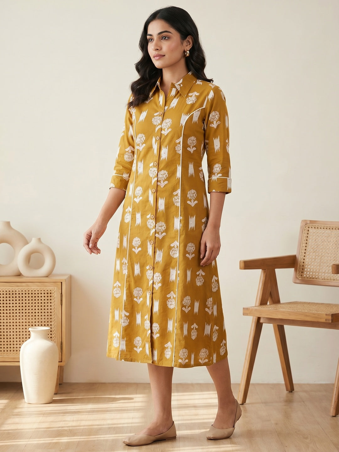 Mustard Pure Cotton Abstract Printed Kurti - Image 3
