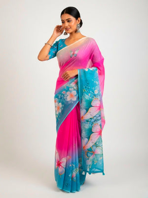 Peachmode Magenta Soft Linen Saree with butterfly floral print - Image 1