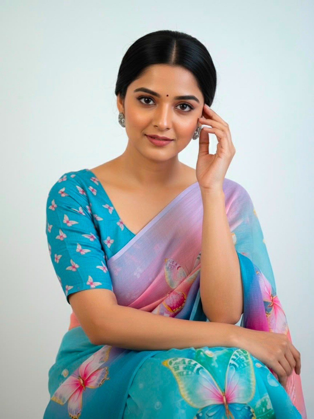 Peachmode Magenta Soft Linen Saree with butterfly floral print - Image 2