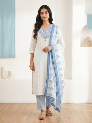 Off White Pure Cotton Blue Botanical Printed Salwar Suit Set - Image 1