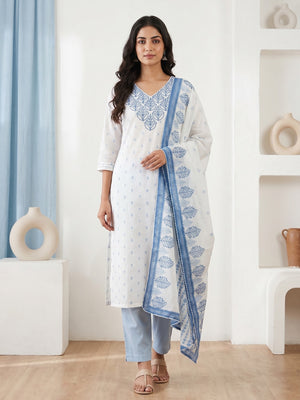 Off White Pure Cotton Blue Botanical Printed Salwar Suit Set - Image 2