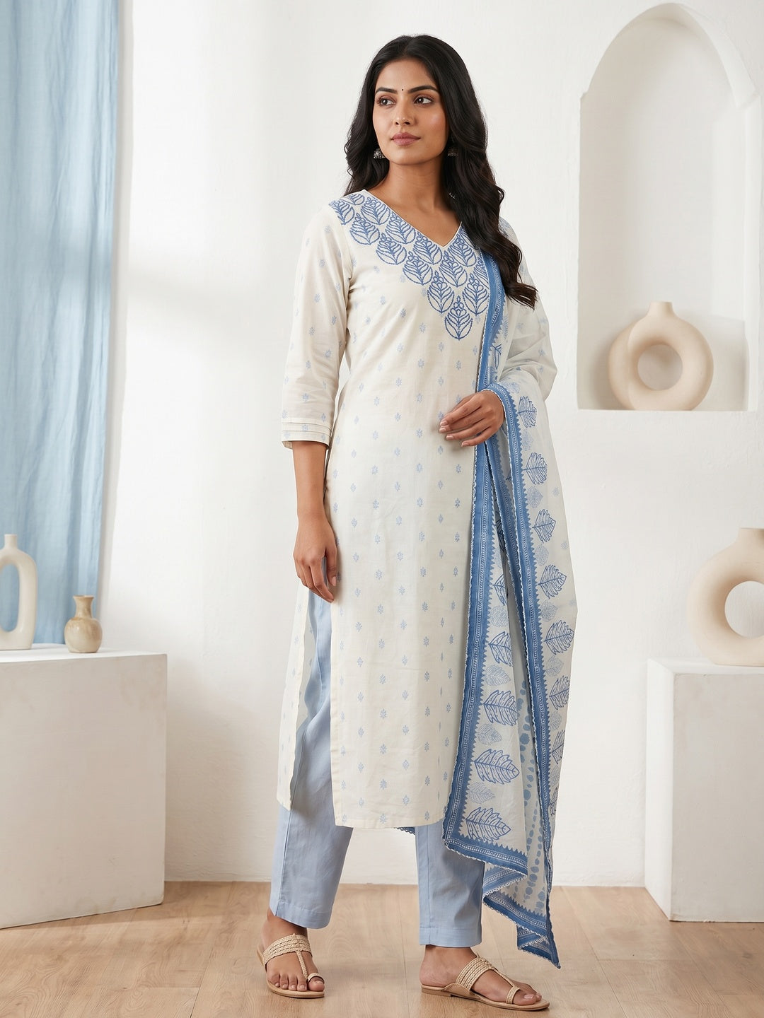 Off White Pure Cotton Blue Botanical Printed Salwar Suit Set - Image 3