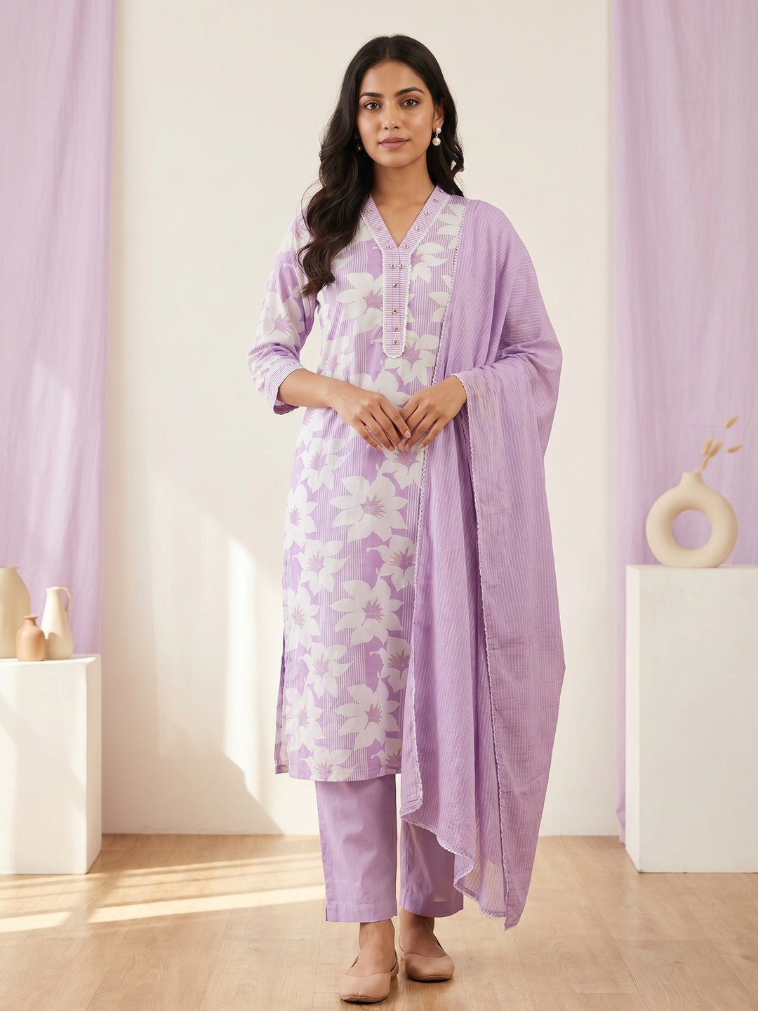 Lavender Pure Cotton Floral Printed Salwar Suit Set - Image 1