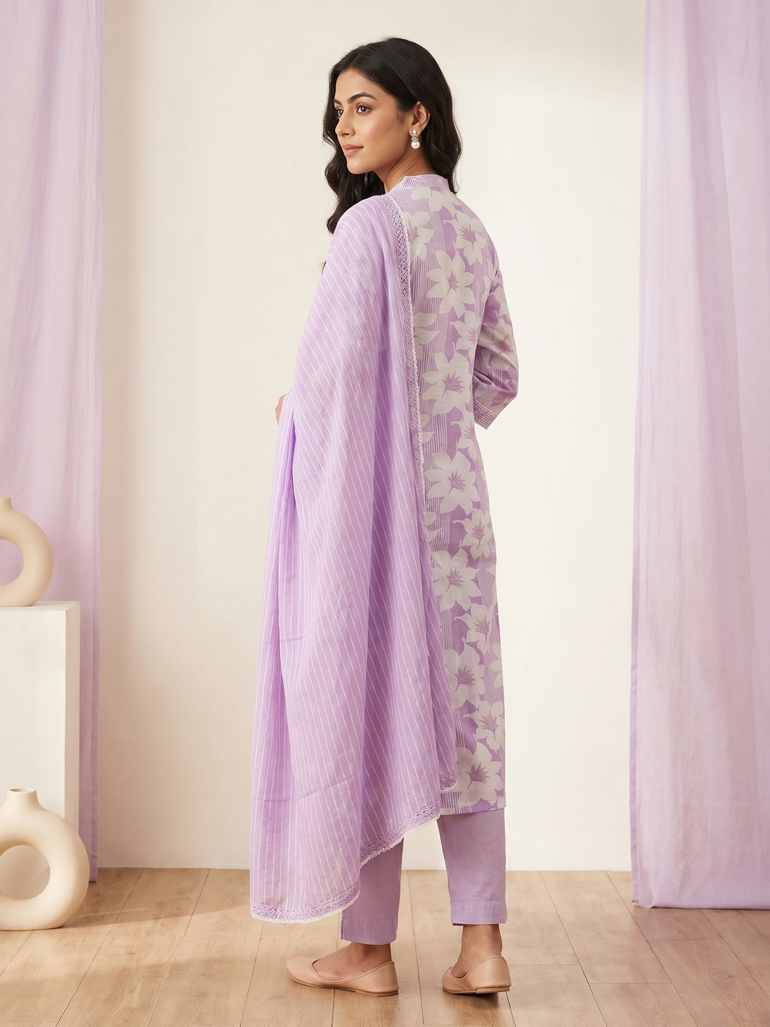 Lavender Pure Cotton Floral Printed Salwar Suit Set - Image 3