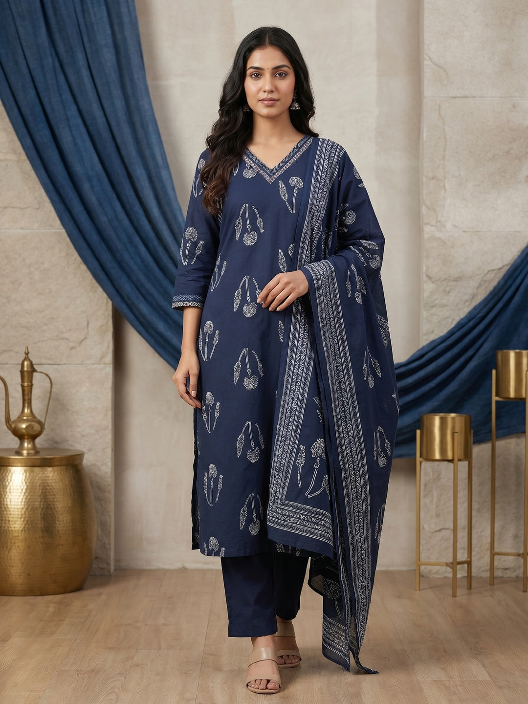 Navy Blue Pure Cotton Botanical Printed Salwar Suit Set - Image 1