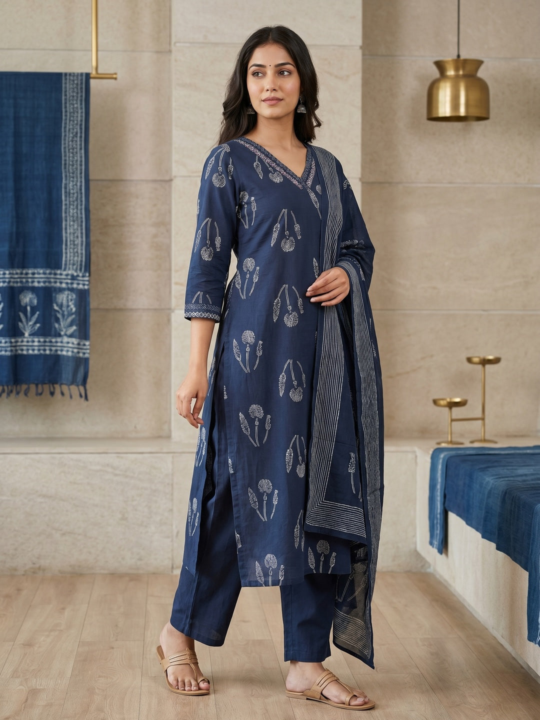 Navy Blue Pure Cotton Botanical Printed Salwar Suit Set - Image 2