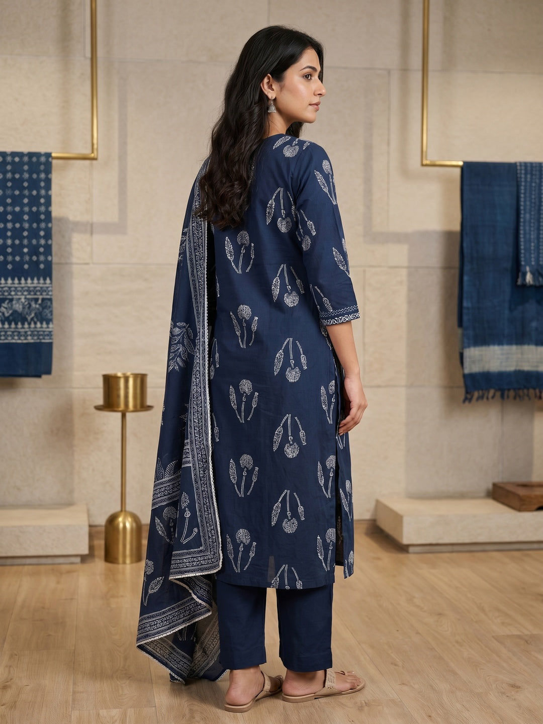 Navy Blue Pure Cotton Botanical Printed Salwar Suit Set - Image 4