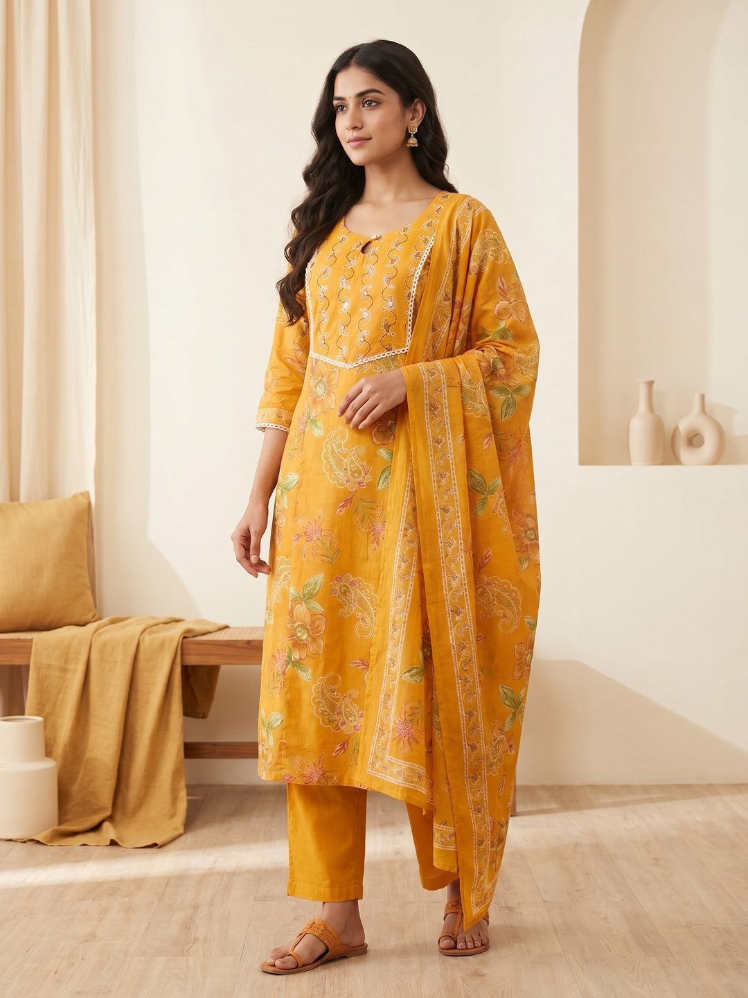 Mustard Pure Cotton Floral Printed Salwar Suit Set - Image 3