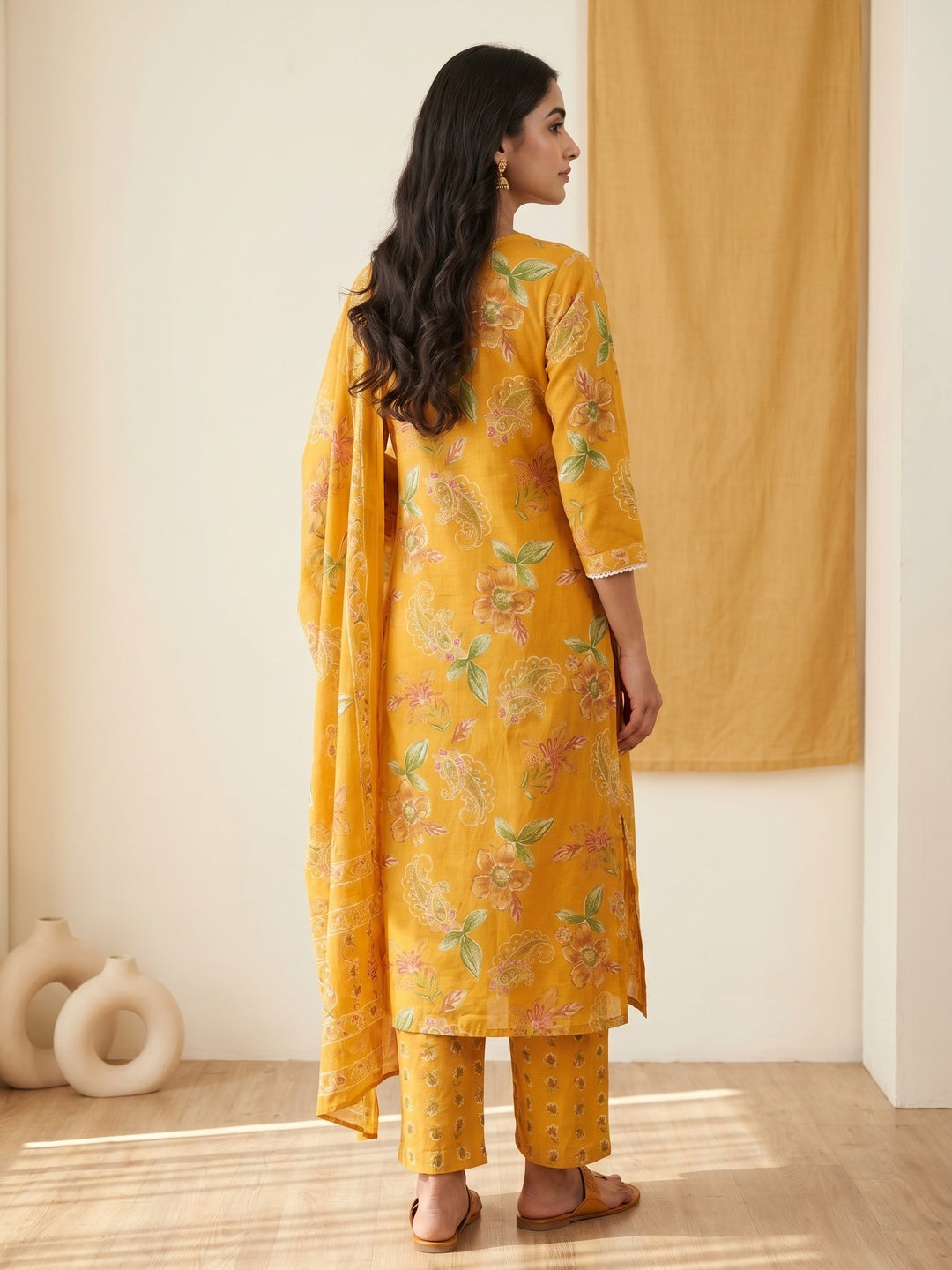 Mustard Pure Cotton Floral Printed Salwar Suit Set - Image 4