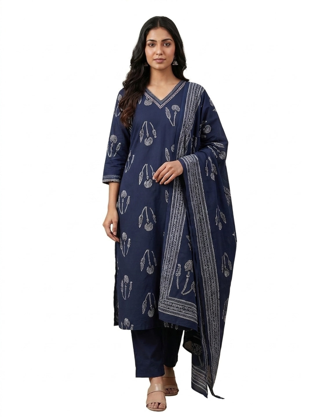 Navy Blue Pure Cotton Botanical Printed Salwar Suit Set - Image 3