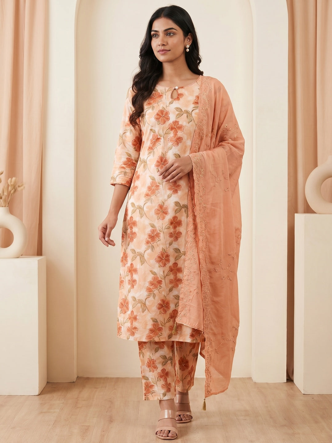 Peach Pure Cotton Floral Printed Salwar Suit Set - Image 1