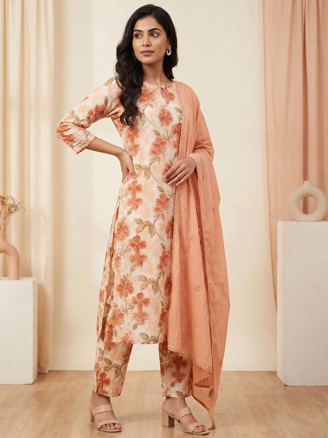 Peach Pure Cotton Floral Printed Salwar Suit Set - Image 3