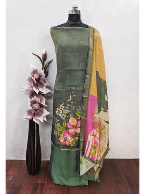 Peachmode Green Linen Dress Material with Floral Print - Image 2