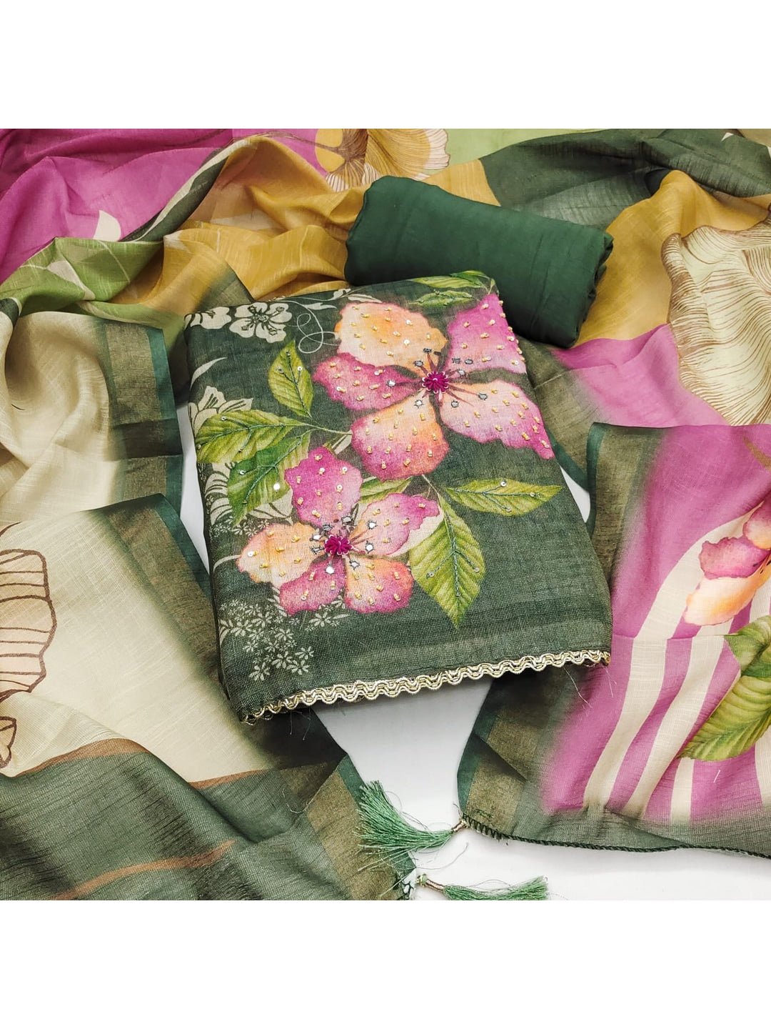 Peachmode Green Linen Dress Material with Floral Print - Image 1