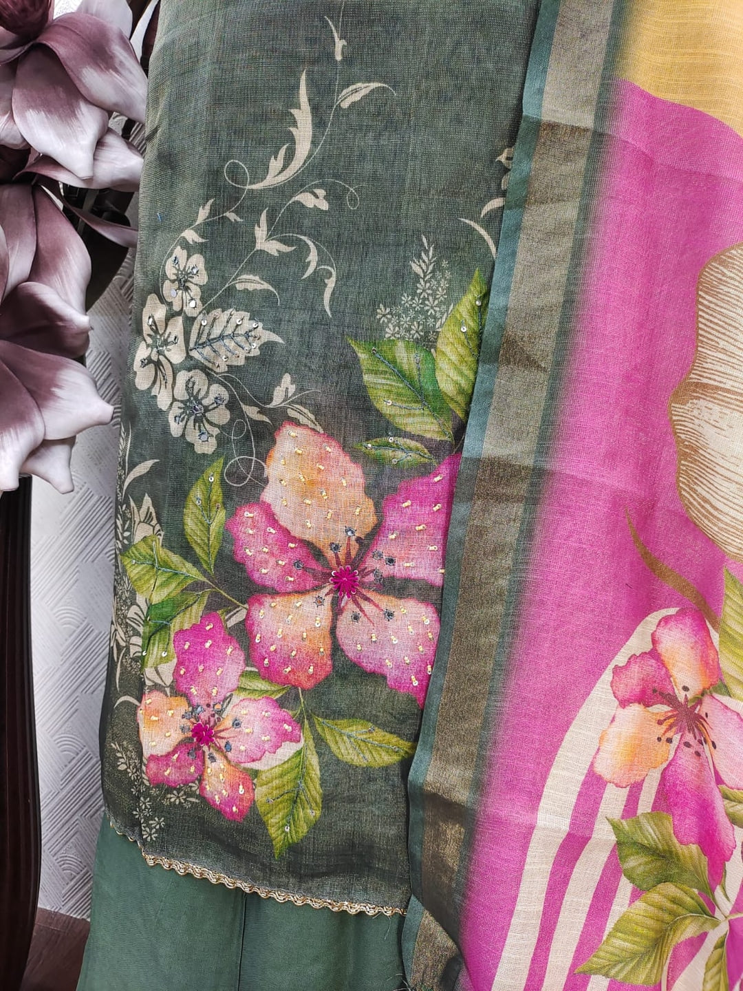 Peachmode Green Linen Dress Material with Floral Print - Image 4