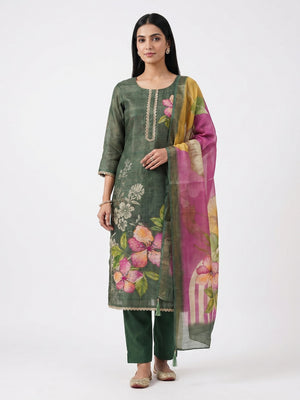Peachmode Green Linen Dress Material with Floral Print - Image 1