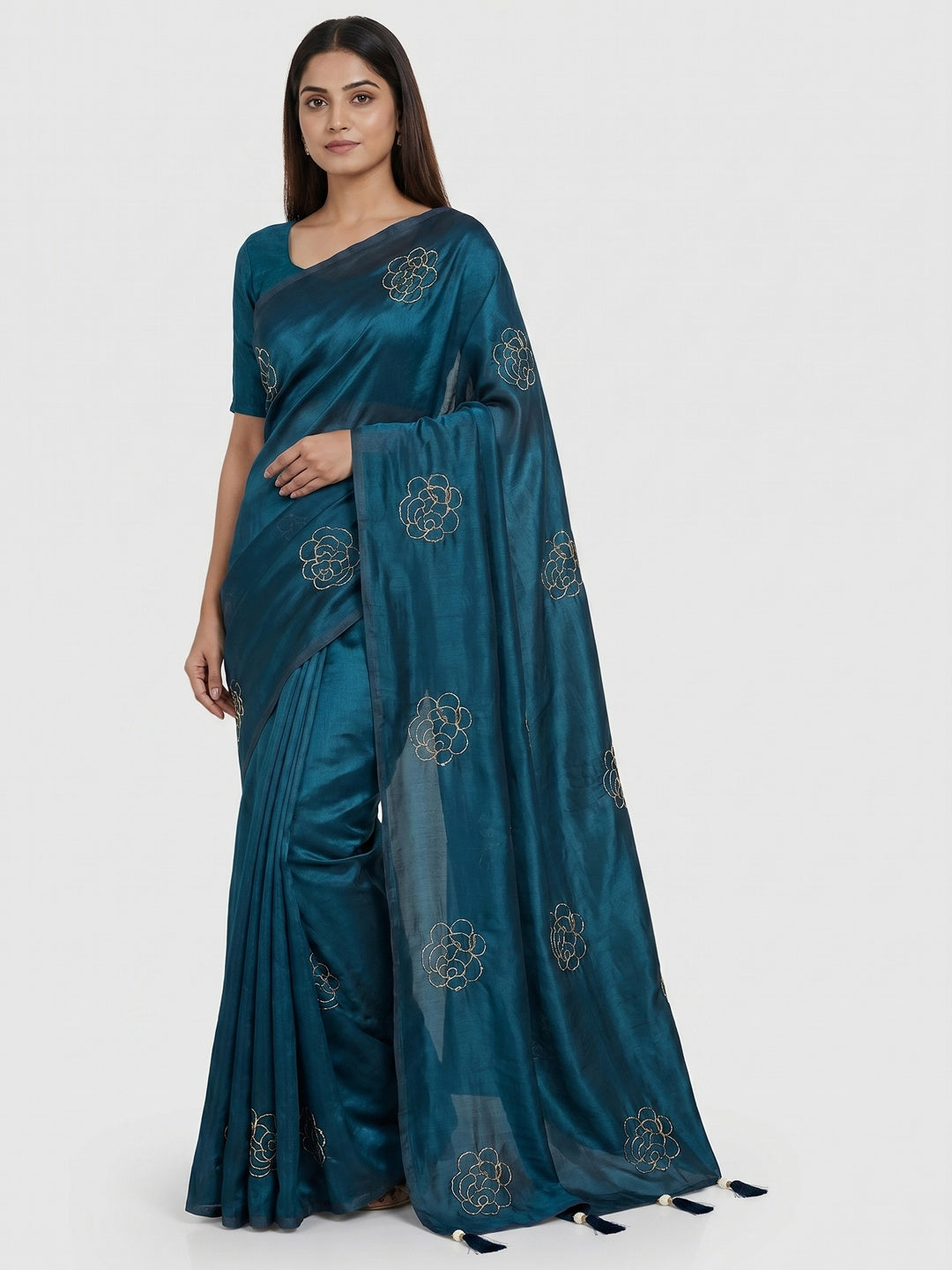Peachmode Blue Satin Floral Embroidered Saree - Image 1