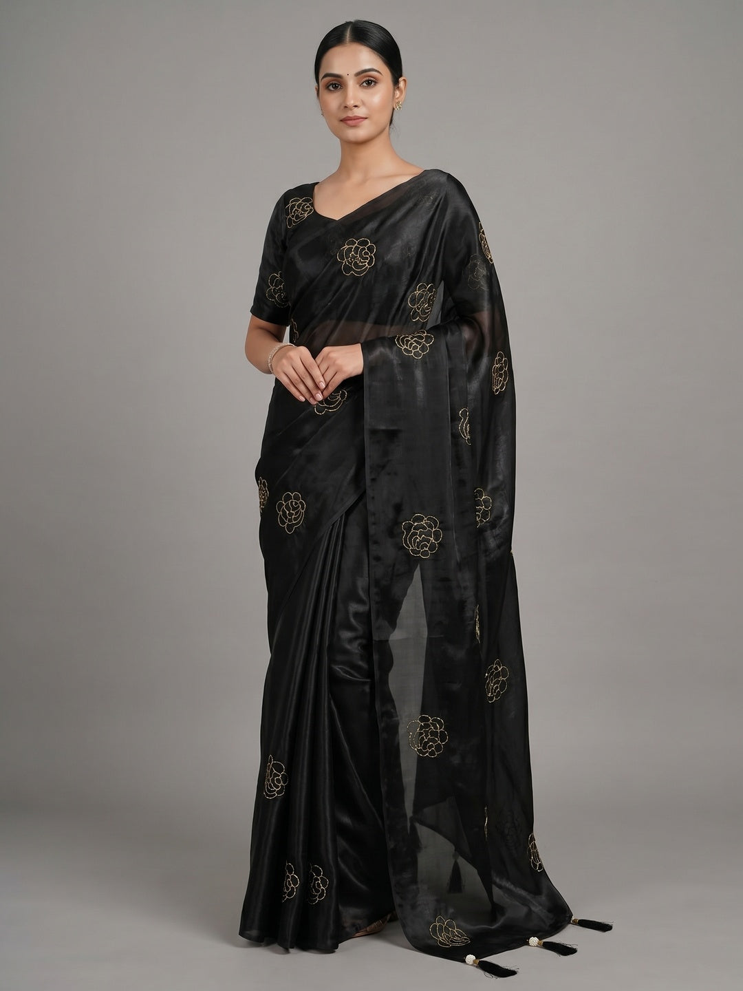 Peachmode Black Satin Floral Embroidered Saree - Image 1