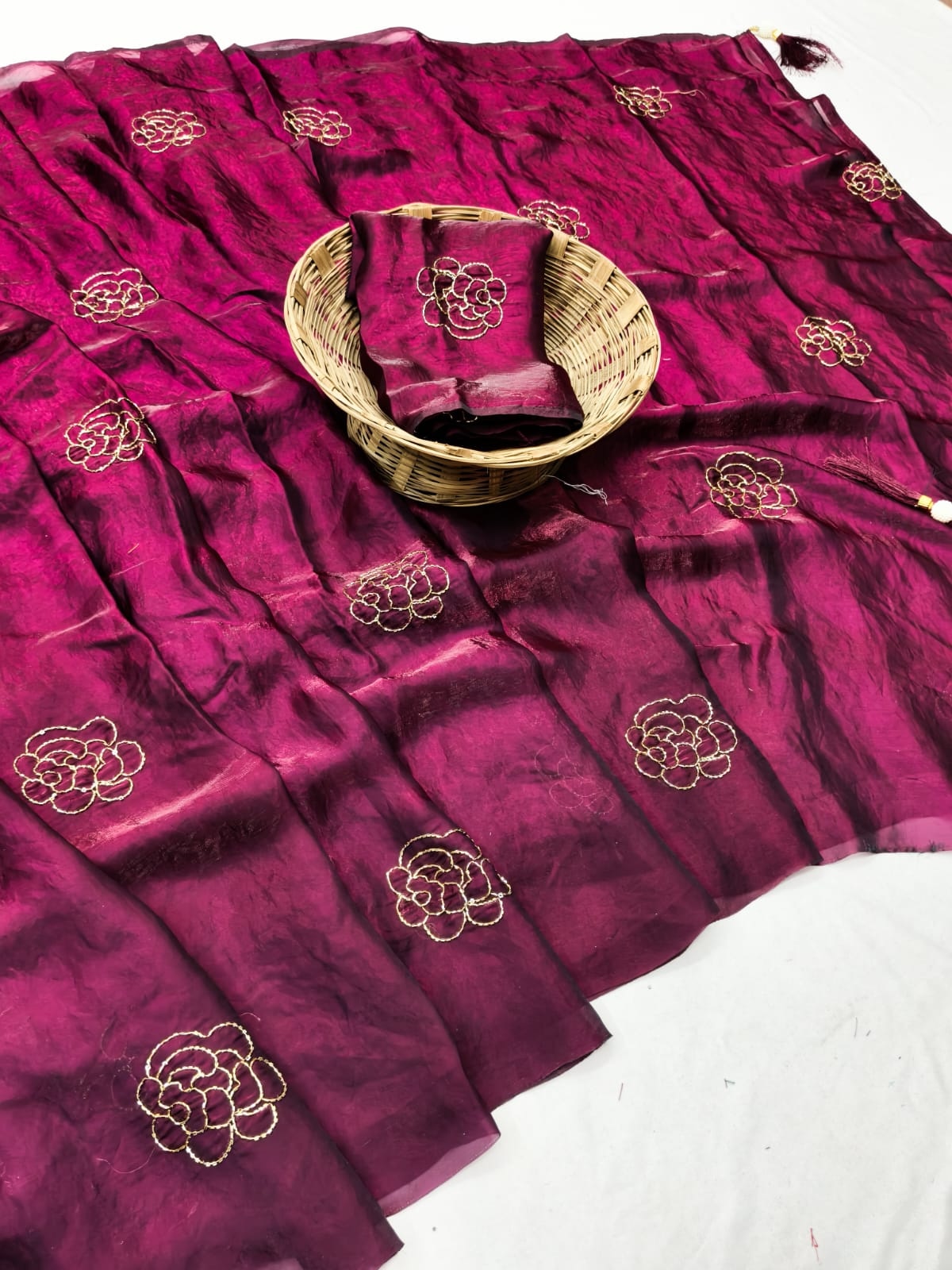 Peachmode Wine Satin Floral Embroidered Saree - Image 3
