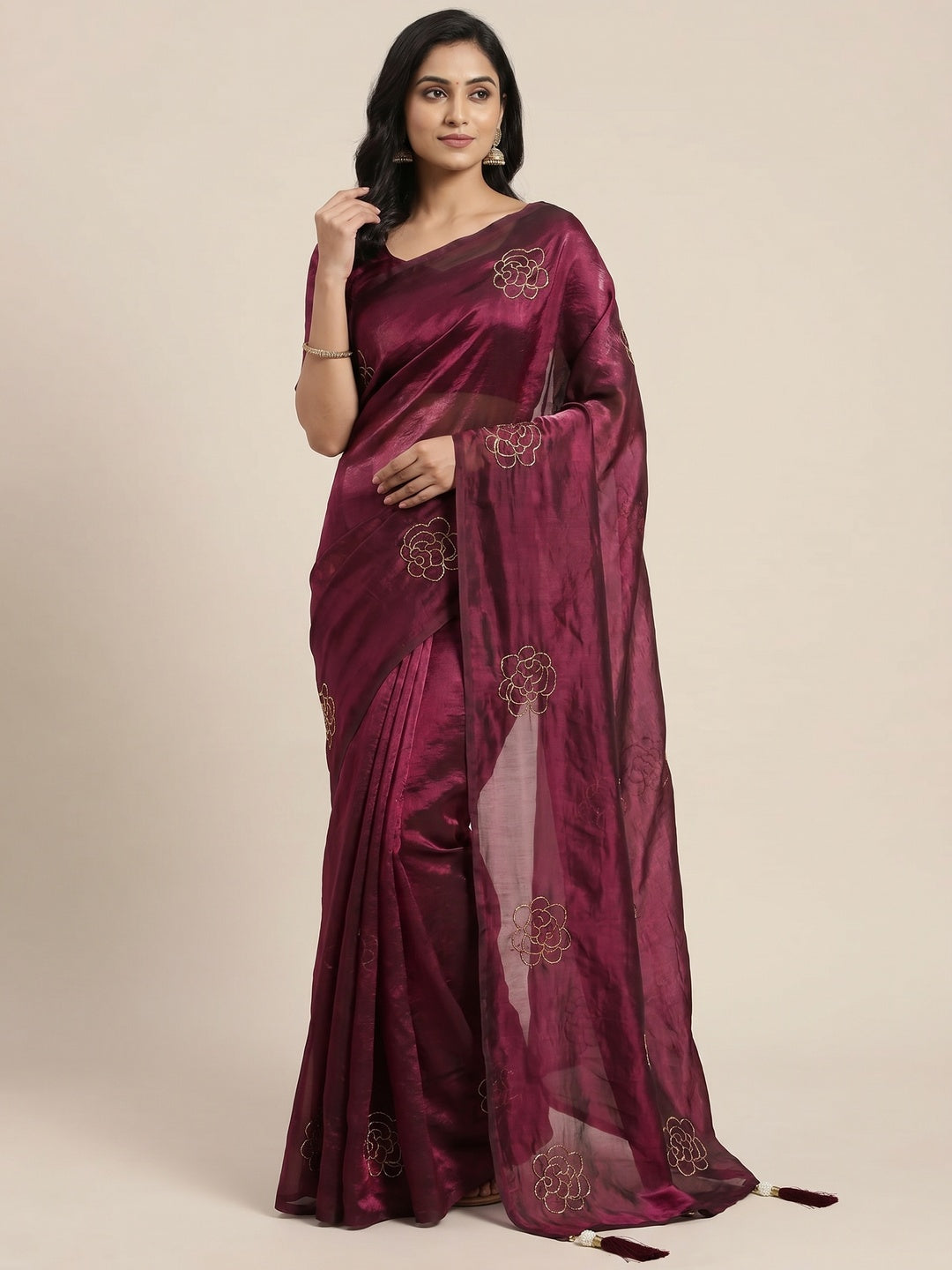 Peachmode Wine Satin Floral Embroidered Saree - Image 1