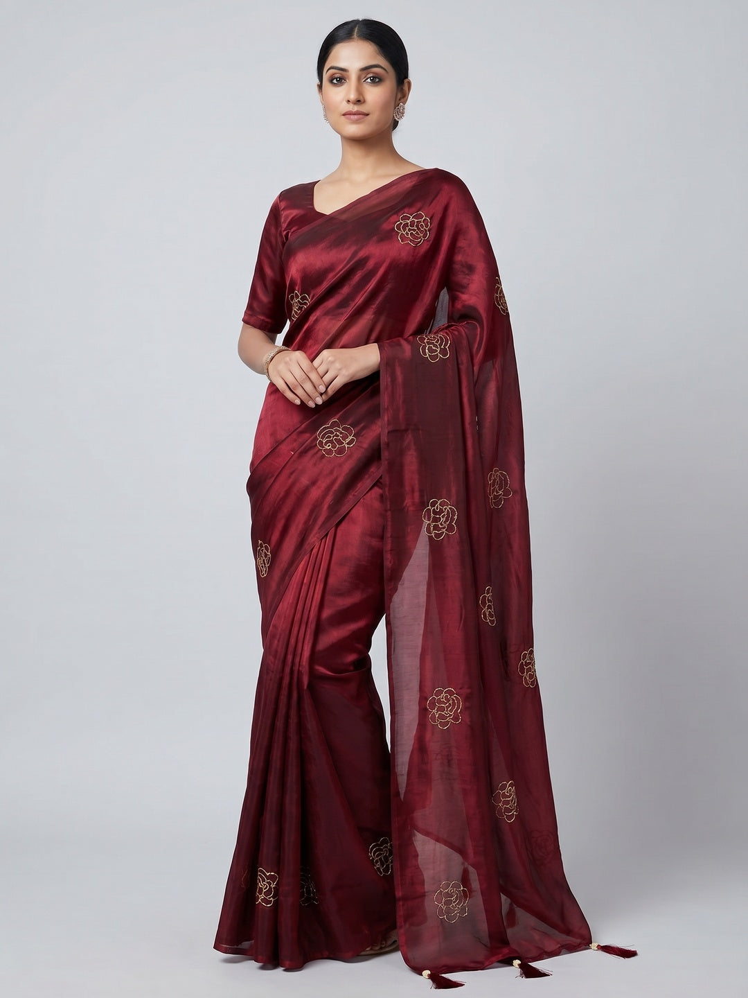 Peachmode Maroon Satin Floral Embroidered Saree - Image 1