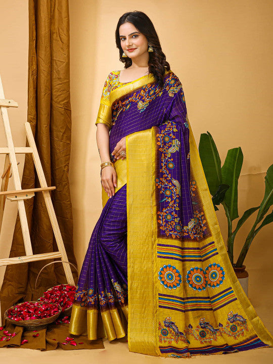 Peachmode Purple Dola Silk Floral Checks Saree - Image 1
