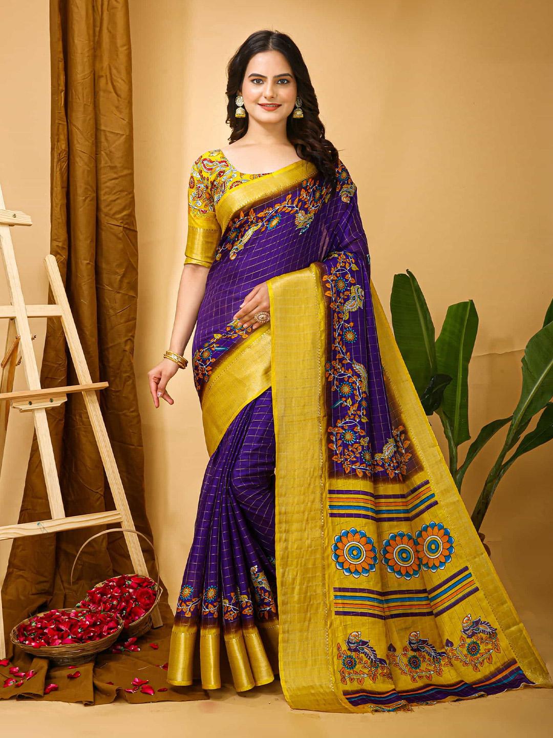 Peachmode Purple Dola Silk Floral Checks Saree - Image 2