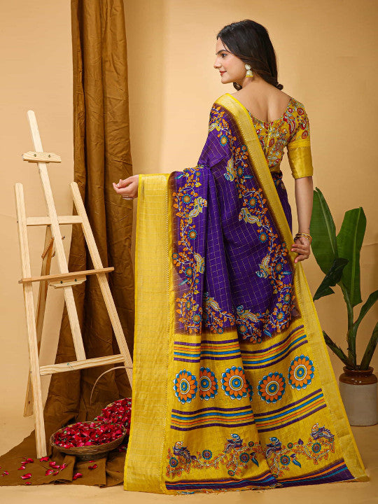 Peachmode Purple Dola Silk Floral Checks Saree - Image 4