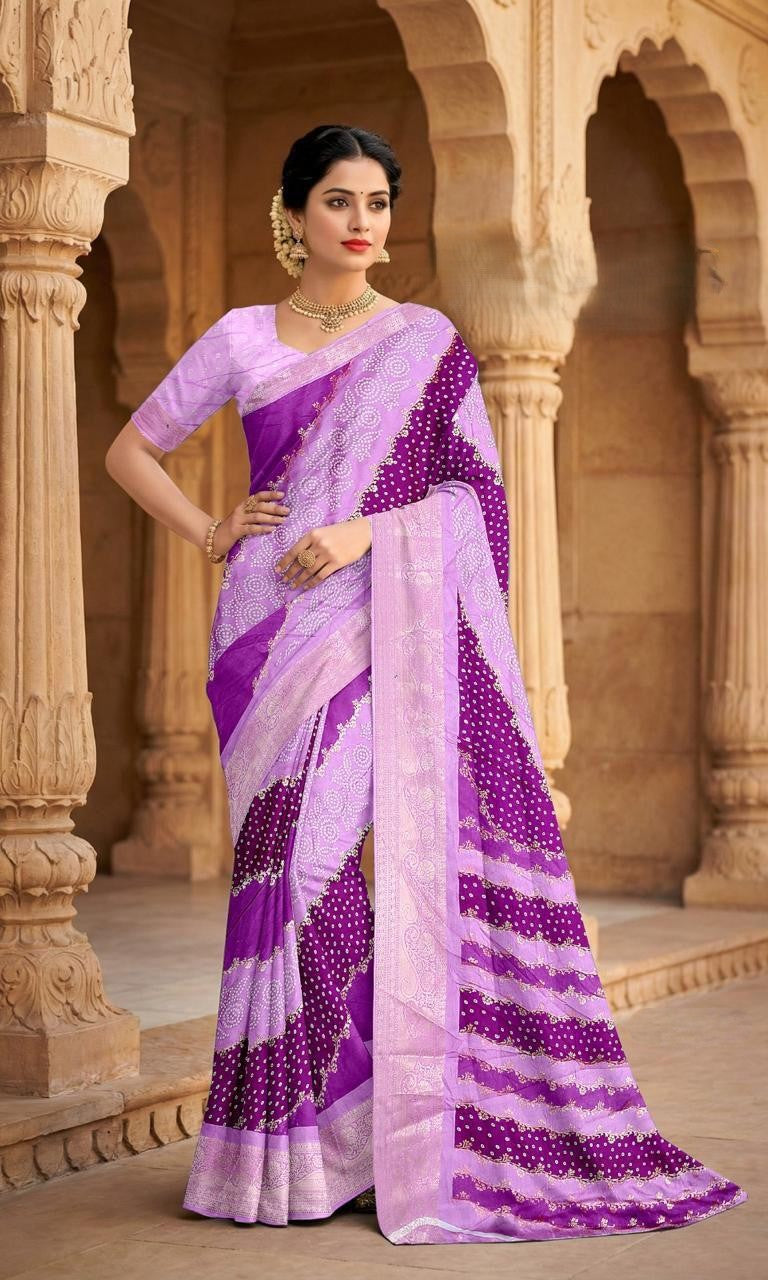 Peachmode Purple Dola Silk Foil Work Saree - Image 1
