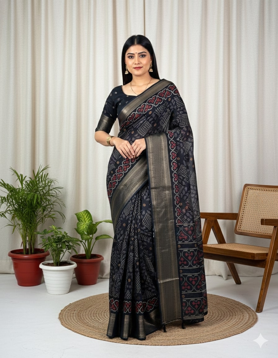 Peachmode Black Dola Silk Woven Border Saree - Image 1