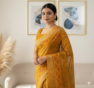 Peachmode Mustard Dola Silk Woven Border Saree - Image 2