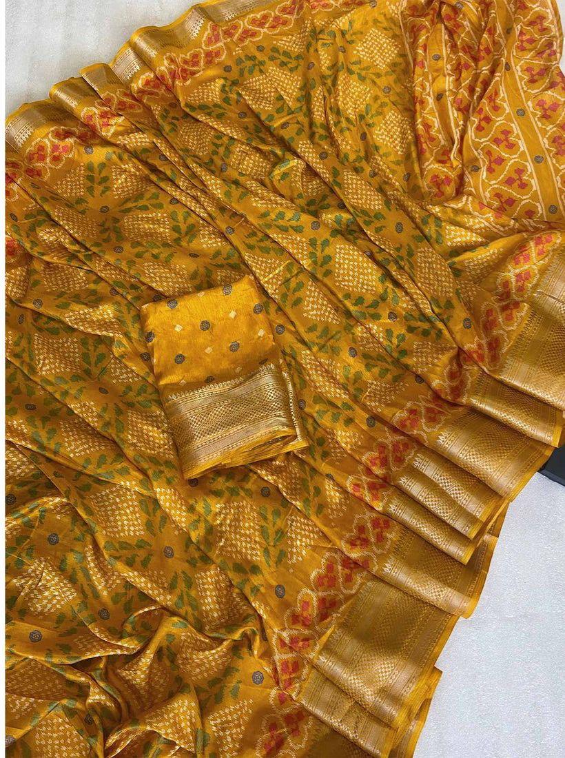 Peachmode Mustard Dola Silk Woven Border Saree - Image 3
