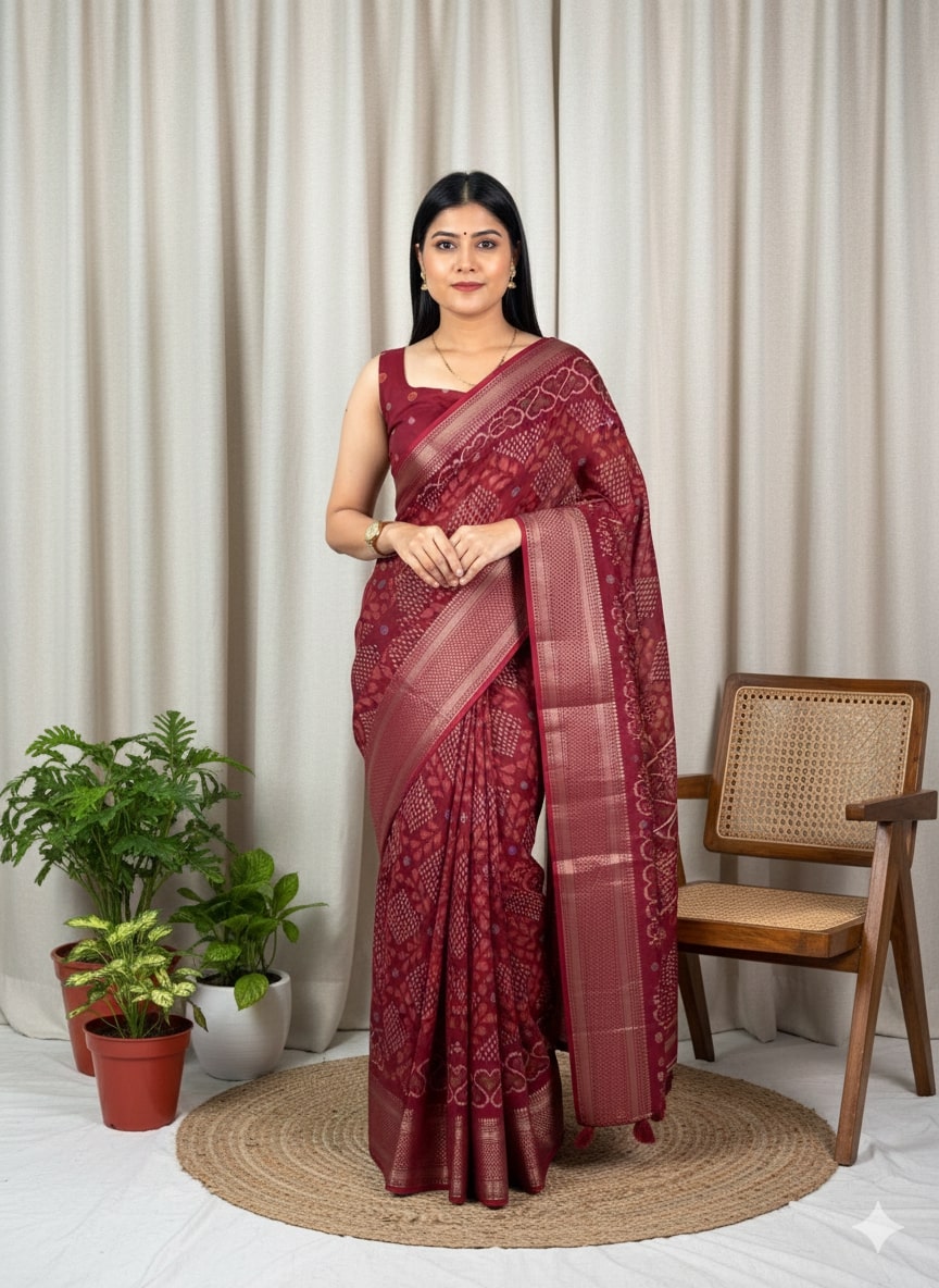 Peachmode Maroon Dola Silk Woven Border Saree - Image 1