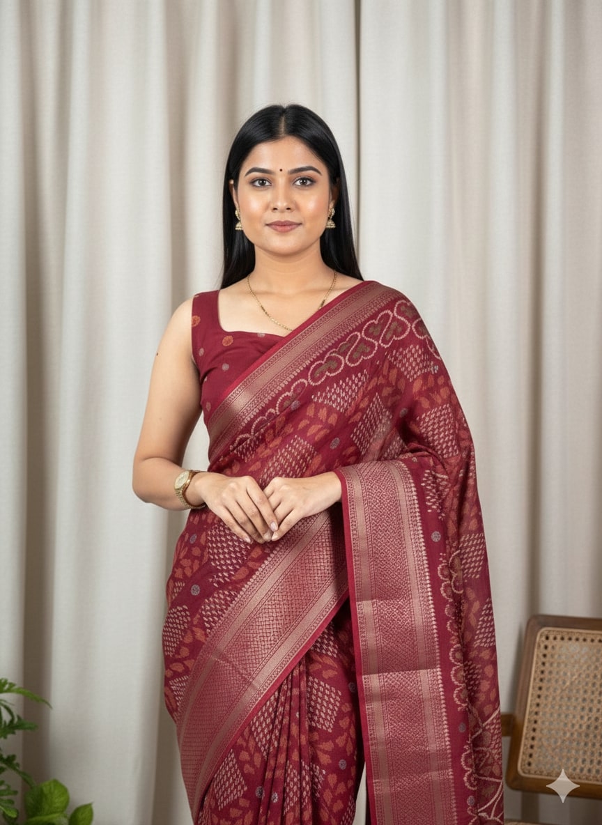 Peachmode Maroon Dola Silk Woven Border Saree - Image 2
