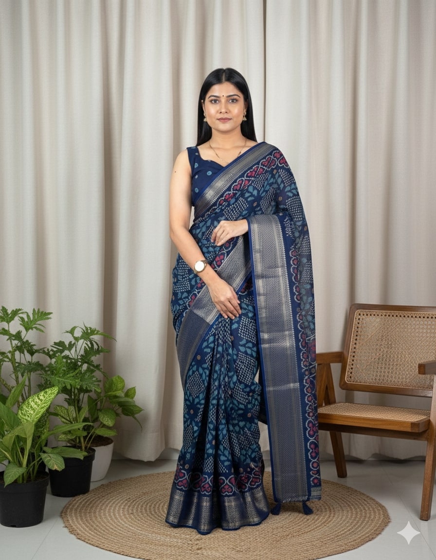 Peachmode Blue Dola Silk Woven Border Saree - Image 1