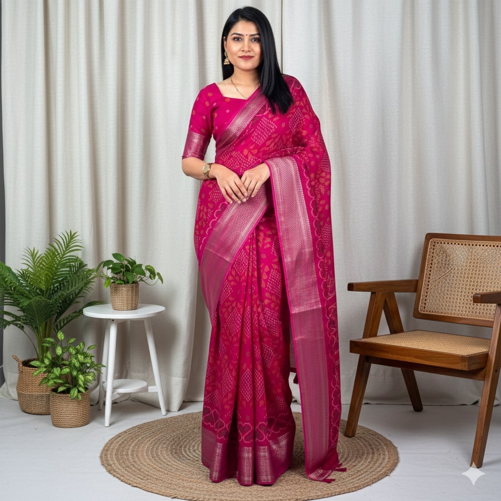 Peachmode Pink Dola Silk Woven Border Saree - Image 1