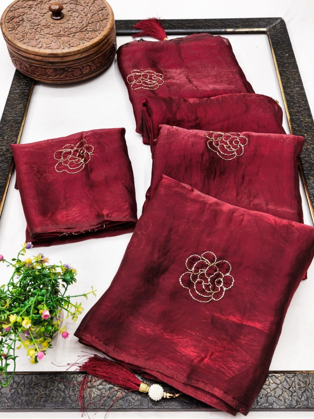 Peachmode Maroon Satin Floral Embroidered Saree - Image 2