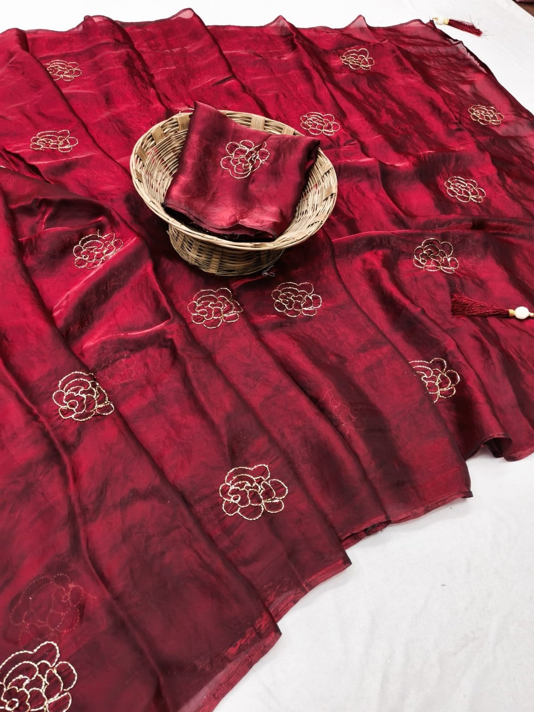 Peachmode Maroon Satin Floral Embroidered Saree - Image 3