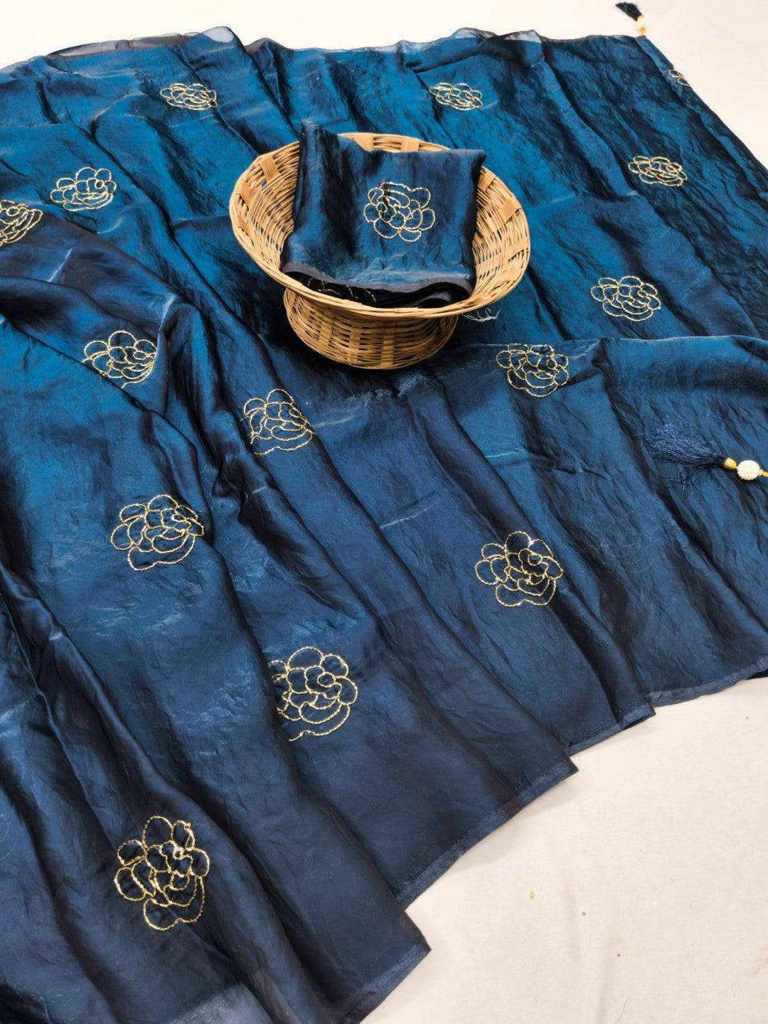 Peachmode Blue Satin Floral Embroidered Saree - Image 3