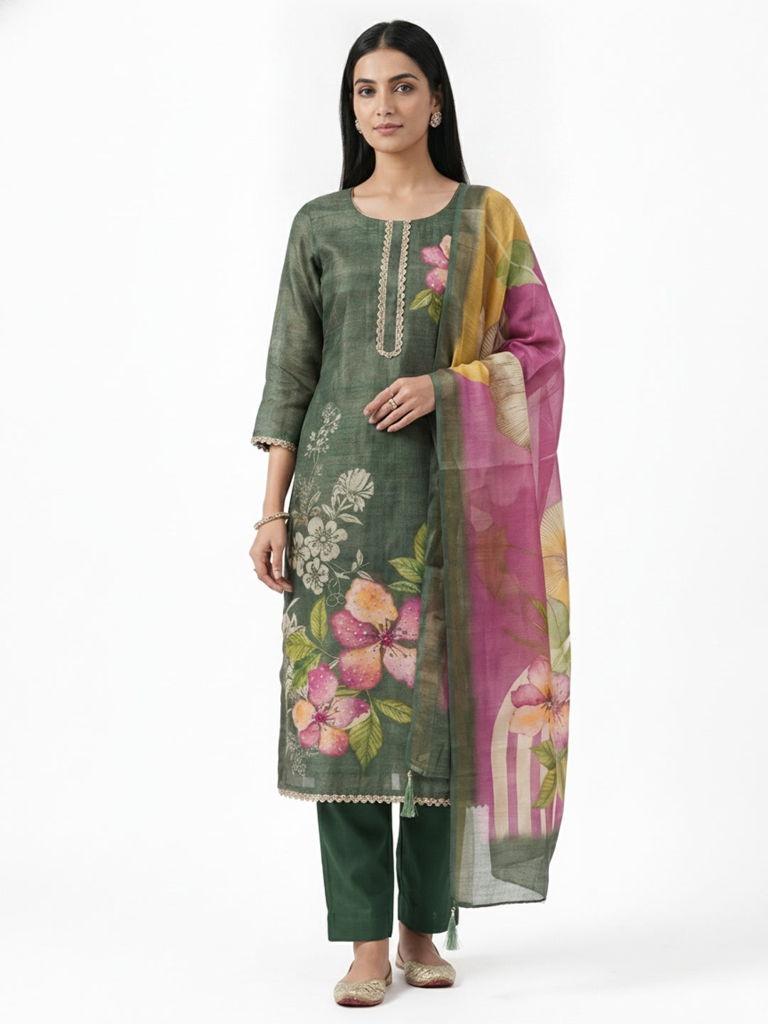 Peachmode Green Linen Dress Material with Floral Print - Image 5