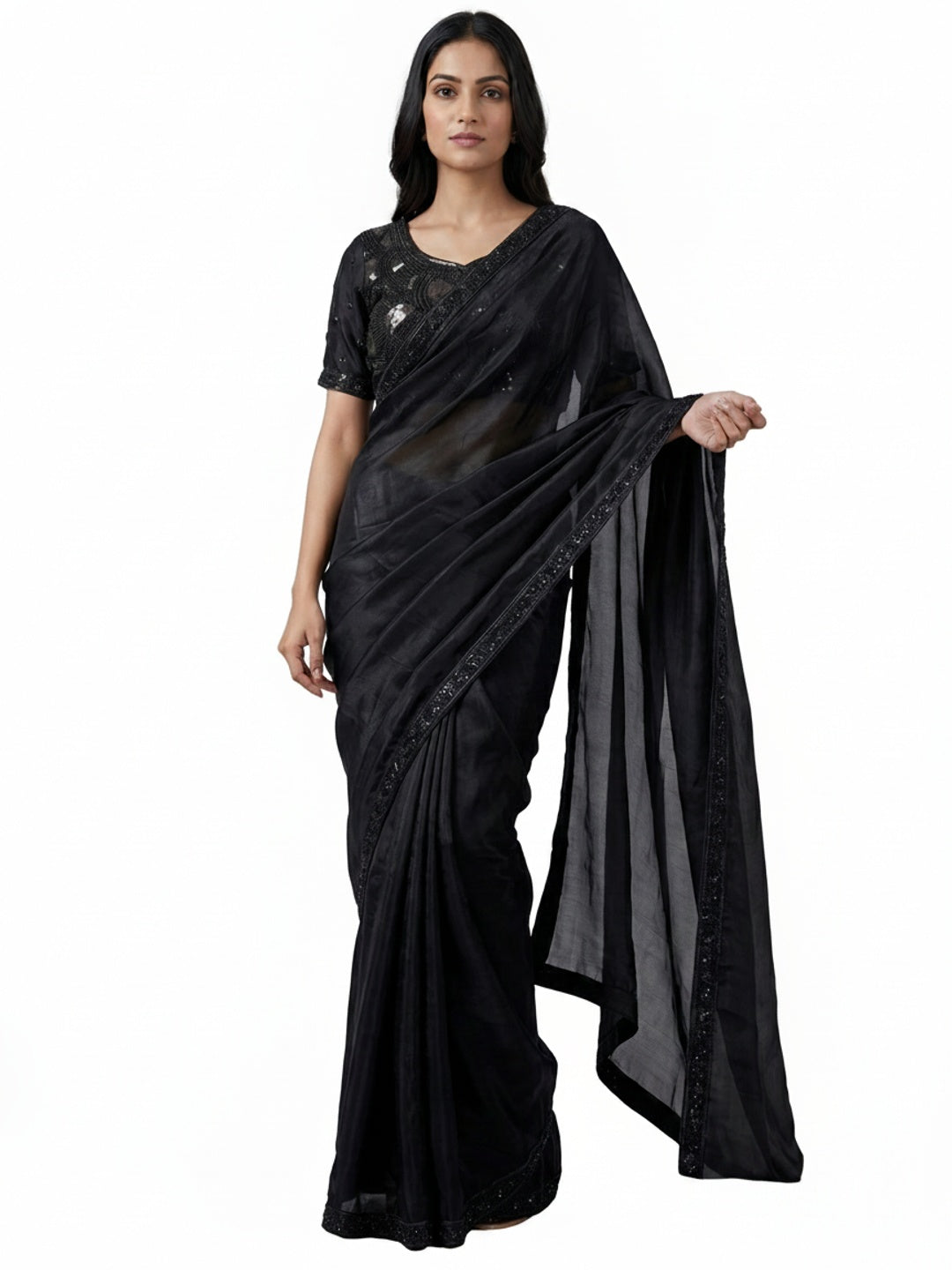 Peachmode Black Satin Saree with Sequin Embroidered Blouse - Image 6
