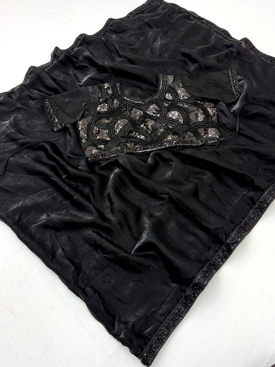 Peachmode Black Satin Saree with Sequin Embroidered Blouse - Image 2