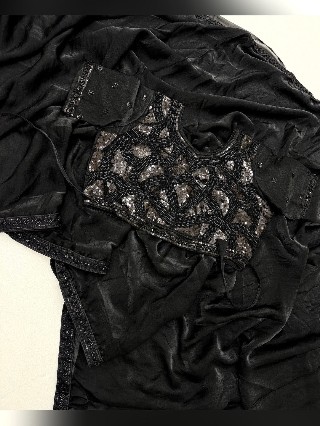 Peachmode Black Satin Saree with Sequin Embroidered Blouse - Image 4