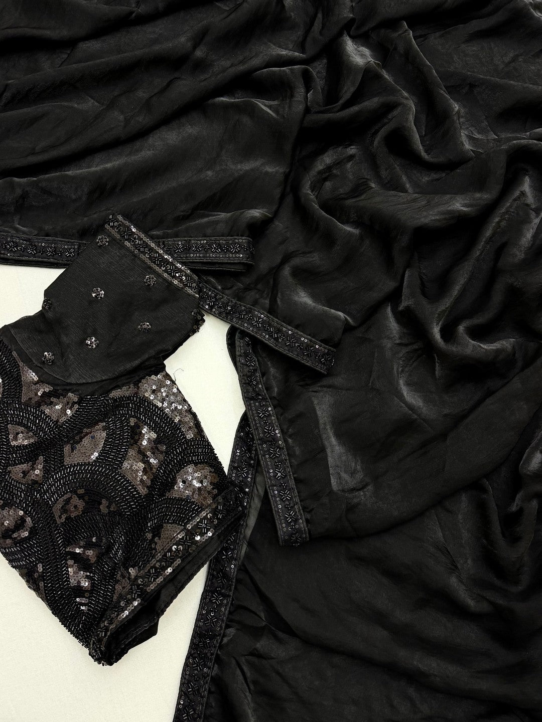 Peachmode Black Satin Saree with Sequin Embroidered Blouse - Image 5