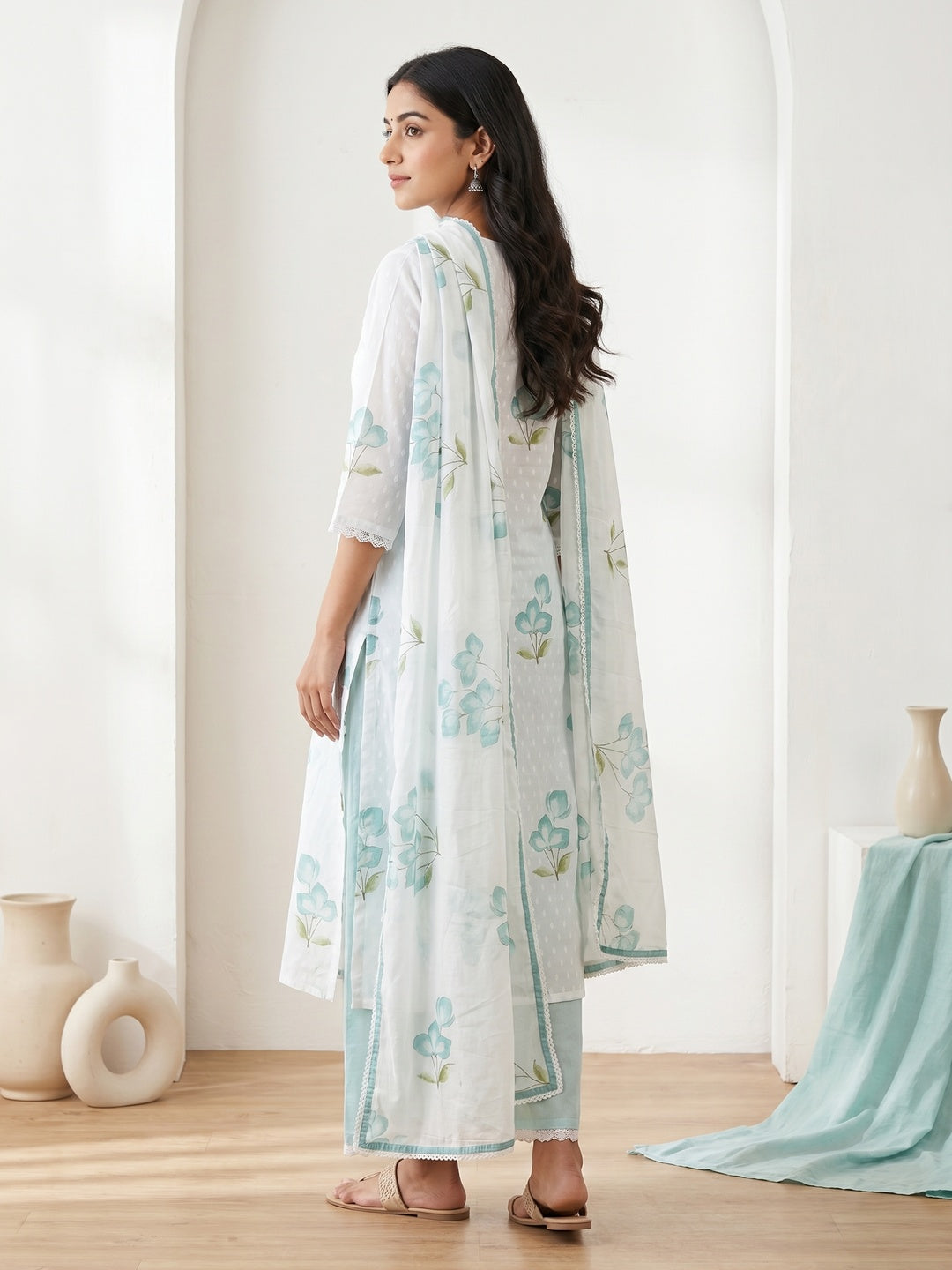 White Pure Cotton Aqua Leaf Printed Salwar Suit Set - Image 2