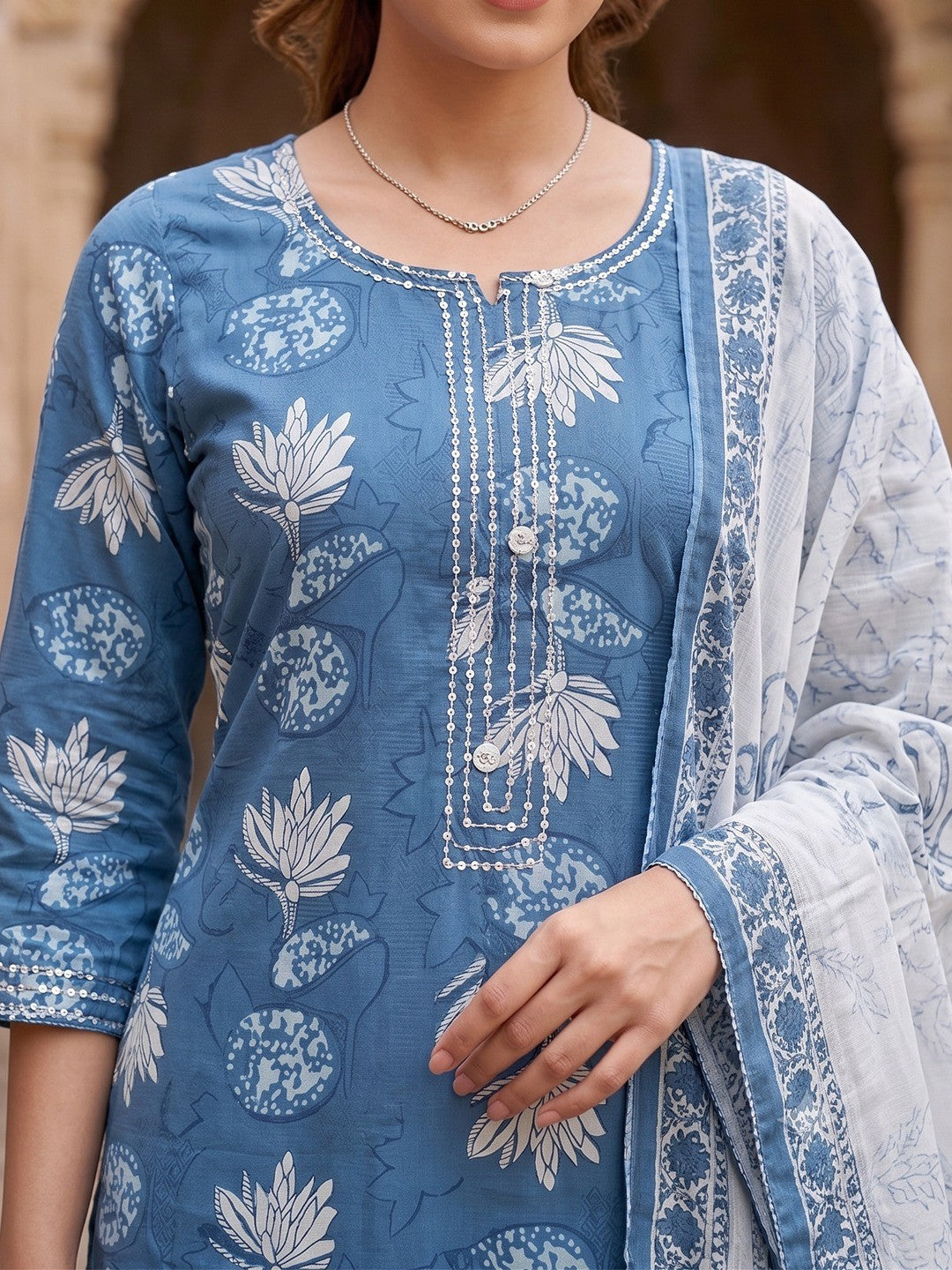 Teal Blue Pure Cotton Floral Printed Salwar Suit Set - Image 2
